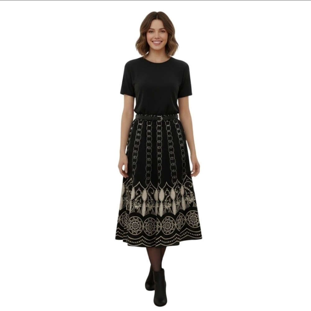 Magic Black Cream Sequined Full Midi Witchcore Festival Boho Skirt Size SSkirt